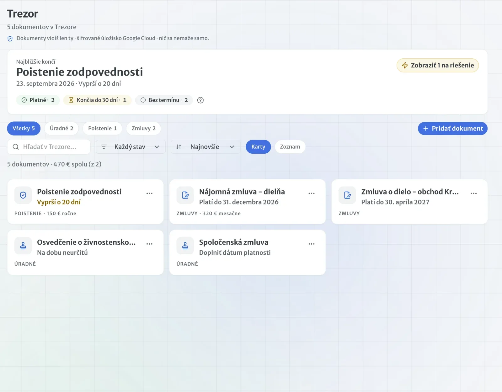 Trezor v aplikácii: dokumenty v kategóriách Úradné, Poistenie a Zmluvy s najbližším koncom platnosti